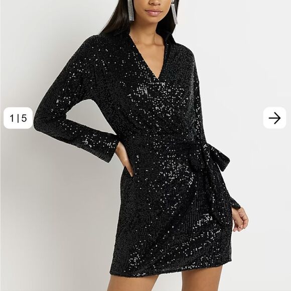 BRAND NEW FOREVER 21 BLACK SEQUINS LONG SLEEVE WRAP MINI V-NECK DRESS - Picture 13 of 16